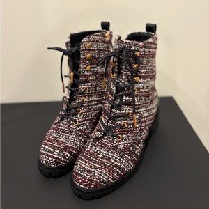 Tory Burch Tweed Lace-Up Boots in Black, White, and Red
